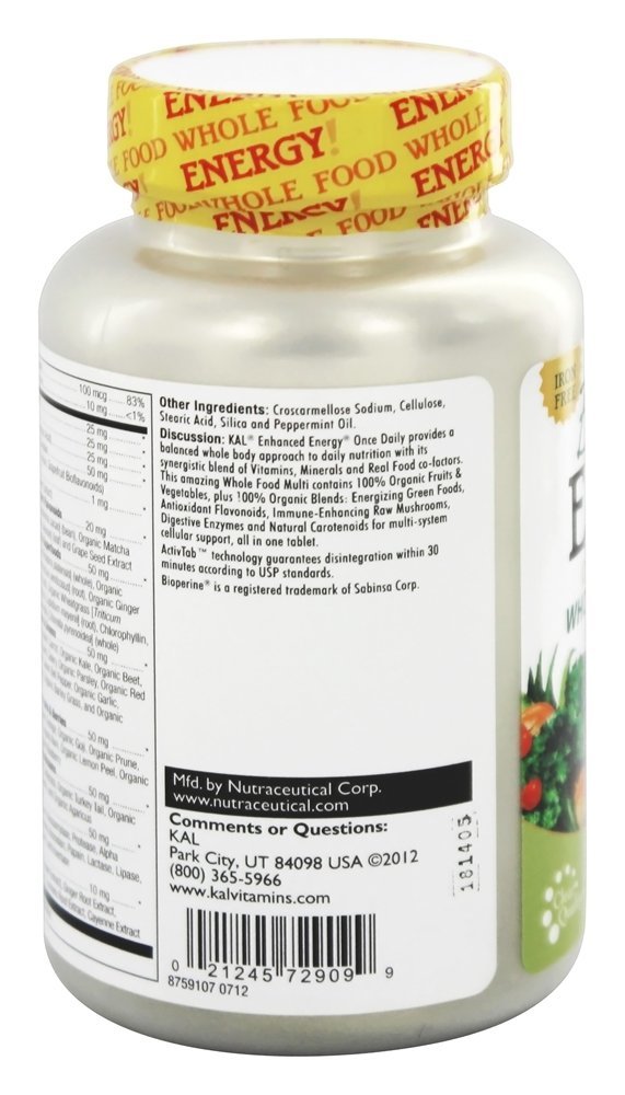 Aprimorada Energia Uma vez Diário Inteiro Comida Multivitamina Ferro Livre - 60 Comprimidos vegetarianos Kal - Imagem 4
