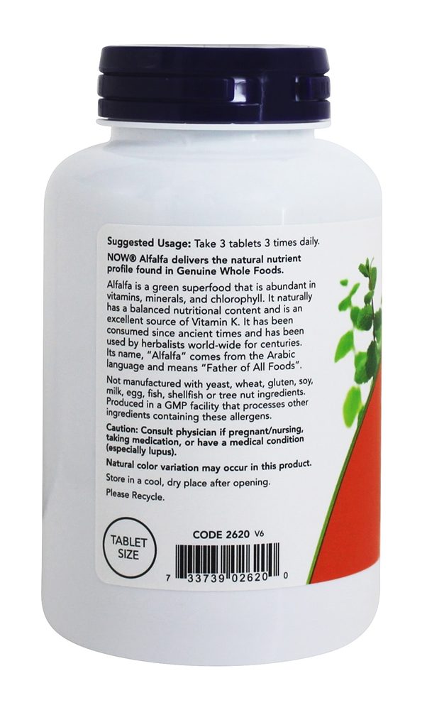 Superalimento Verde de Alfafa 650 mg . - 250 Tablets NOW Foods - Imagem 3