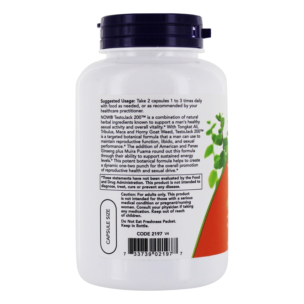 TestoJack 200 Fórmula masculina de desempenho - Cápsulas vegetarianas 120 NOW Foods - Imagem 3