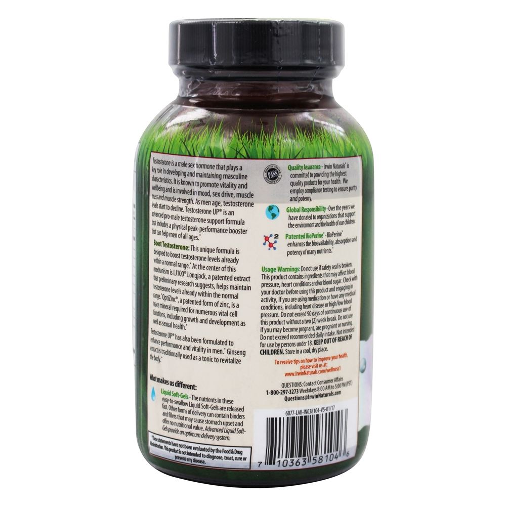 Testosterona ACIMA com Longjack LJ100 poderoso - 60 Softgels líquidos Irwin Naturals - Imagem 3