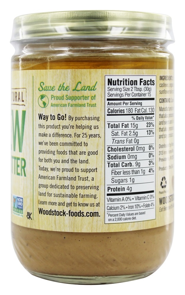 Manteiga De Caju Todo-Natural Sem Sal - 16 oz. Woodstock Farms - Imagem 2