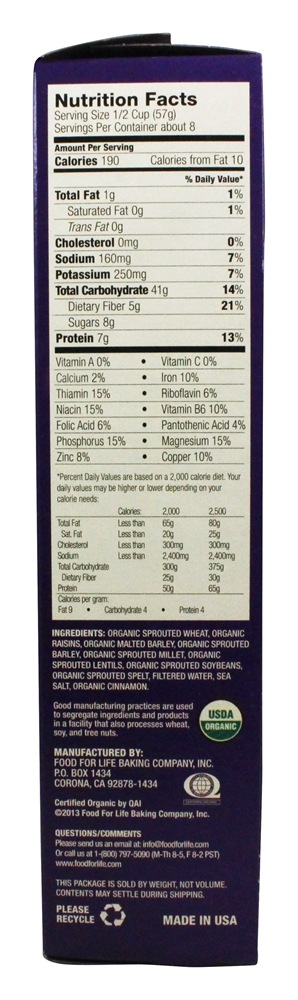 Ezequiel 4 : 9 Grão Integral de Cereal Canela Passa - 16 oz. Food For Life - Imagem 2