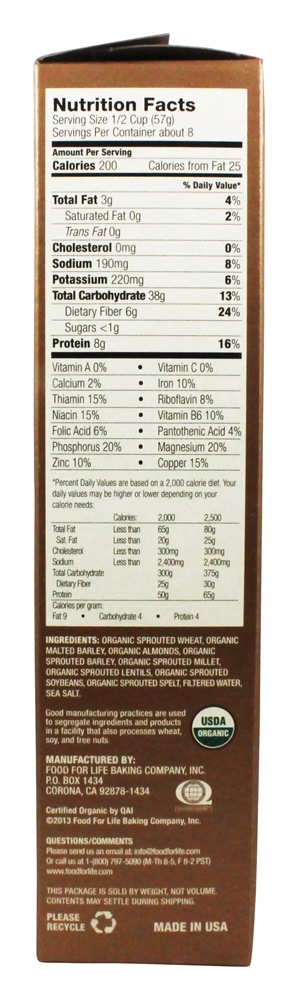 Ezequiel 4 : 9 Amendoim de Cereais Integrais Gerados - 16 oz. Food For Life - Imagem 2