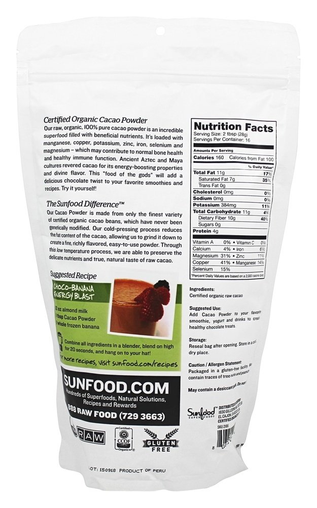 Cacau em pó de cacau orgânico cru 454 g. - 1 lb. Sunfood Superfoods - Imagem 2