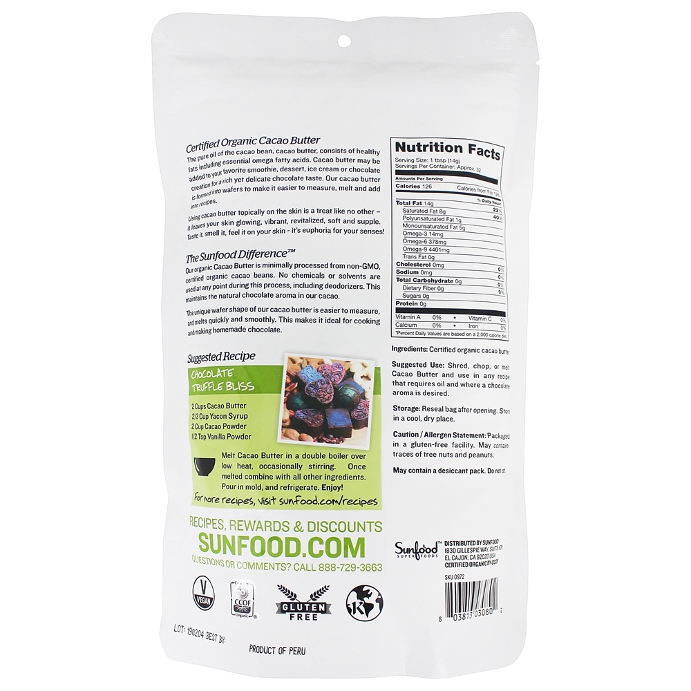 Manteiga De Cacau Orgânica - 1 lb. Sunfood Superfoods - Imagem 2