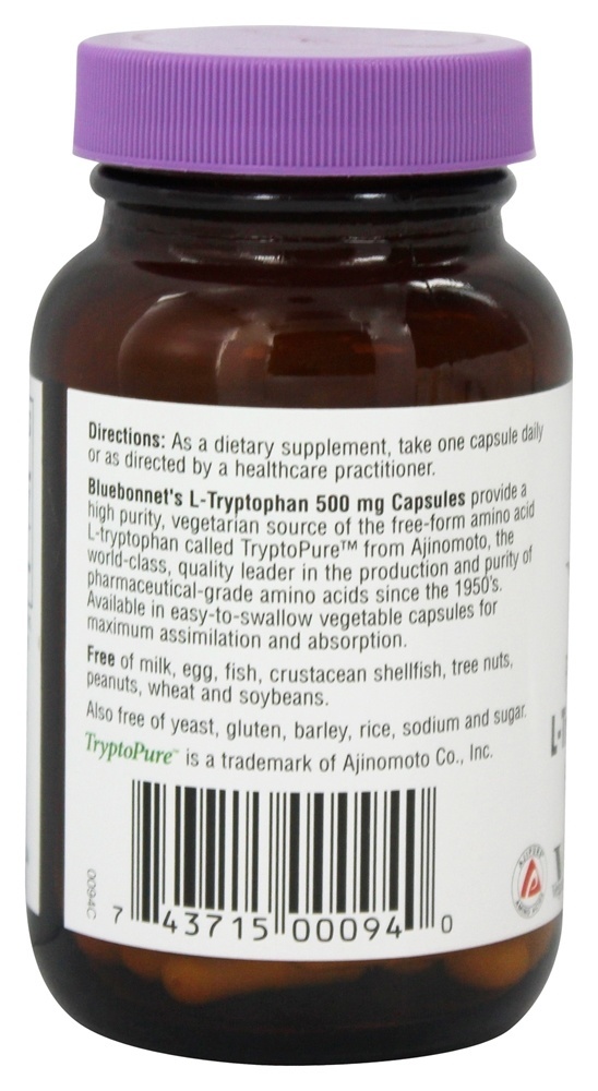Aminoácido de Forma Livre de L-Triptofano Farmacêutico 500 mg. - Cápsulas vegetarianas 60 Bluebonnet Nutrition - Imagem 3