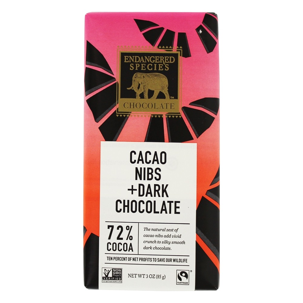 Barra de chocolate escuro 72 % Nibs de cacau de cacau - 3 oz. Endangered Species