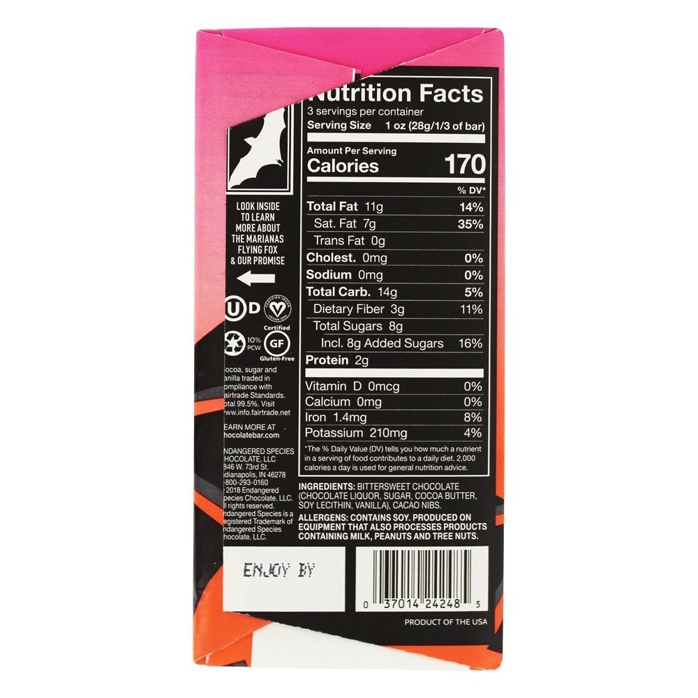 Barra de chocolate escuro 72 % Nibs de cacau de cacau - 3 oz. Endangered Species - Imagem 2