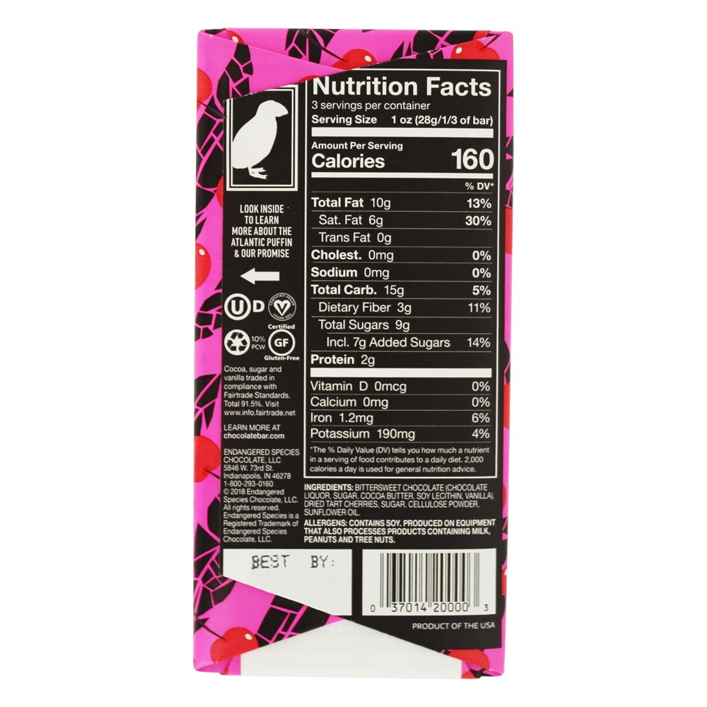 Barra de chocolate escuro 72 % Cacau Cerejas Vibrantes - 3 oz. Endangered Species - Imagem 2