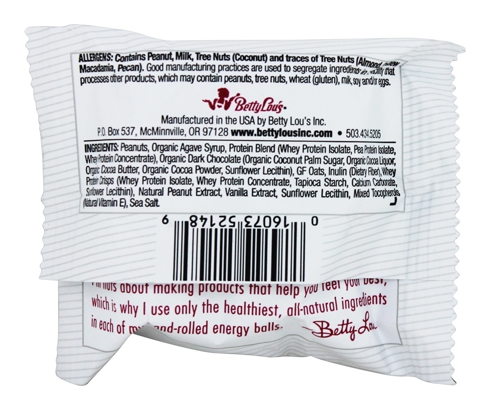Nuts sobre a proteína de microplaqueta de chocolate da manteiga de amendoim mais bolas da energia - 1.7 oz. Betty Lou's - Imagem 2