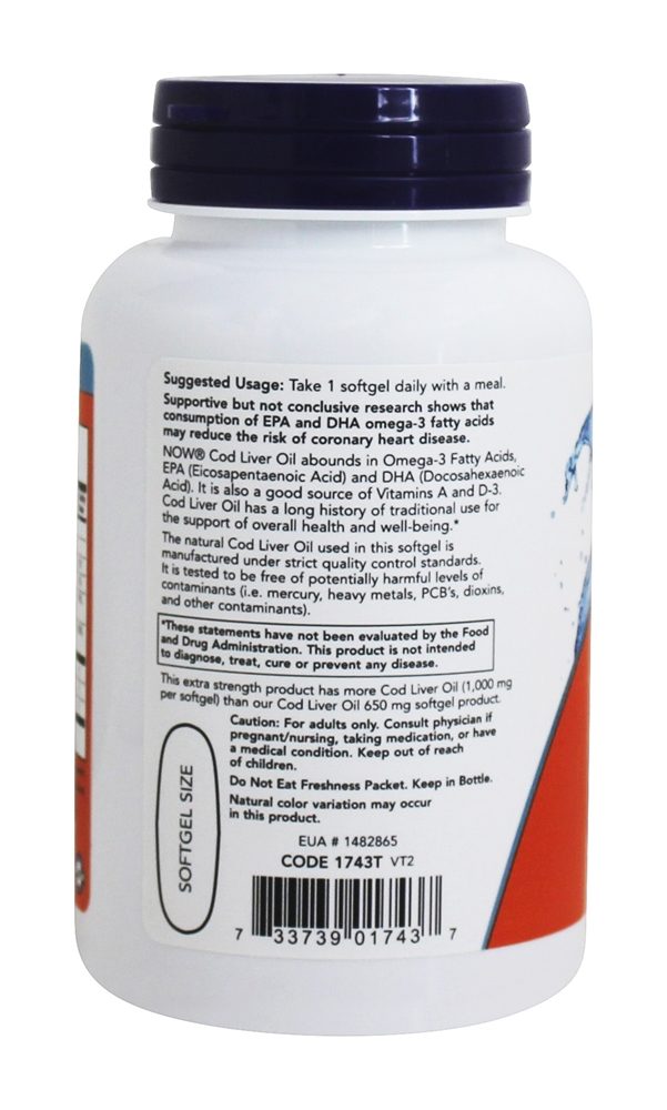 Força extra do óleo de fígado de bacalhau 1000 mg. - 90 Softgels NOW Foods - Imagem 3
