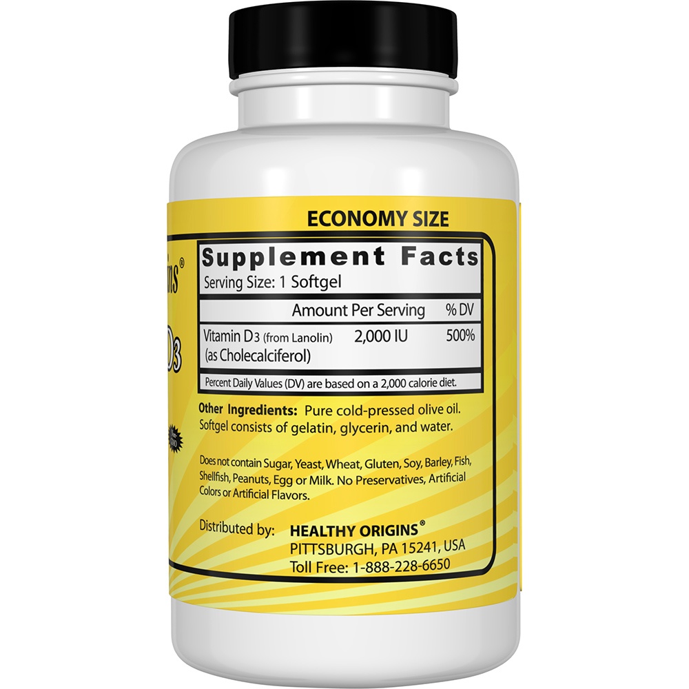 Vitamina D3 2000 UI - 360 Softgels Healthy Origins - Imagem 2
