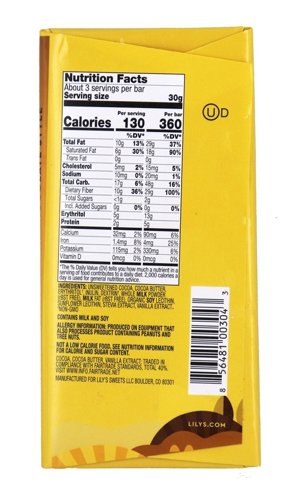 Barra de chocolate com leite cremoso 40 % de cacau - 3 oz. Lily's - Imagem 2