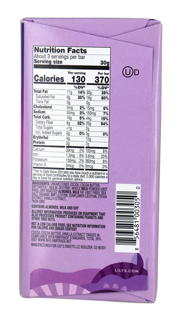 Barra de chocolate ao leite 40 % amêndoa salgada com cacau - 3 oz. Lily's - Imagem 2