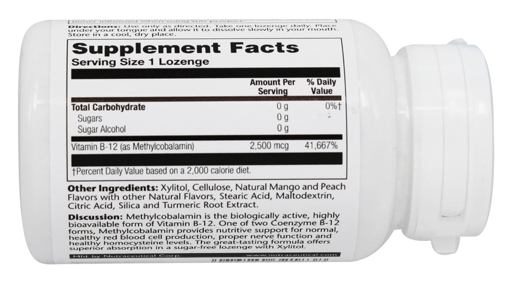 Sabor de Pêssego de Manga Natural de Metil B12 2500 mcg. - 60 Pastilhas Solaray - Imagem 2
