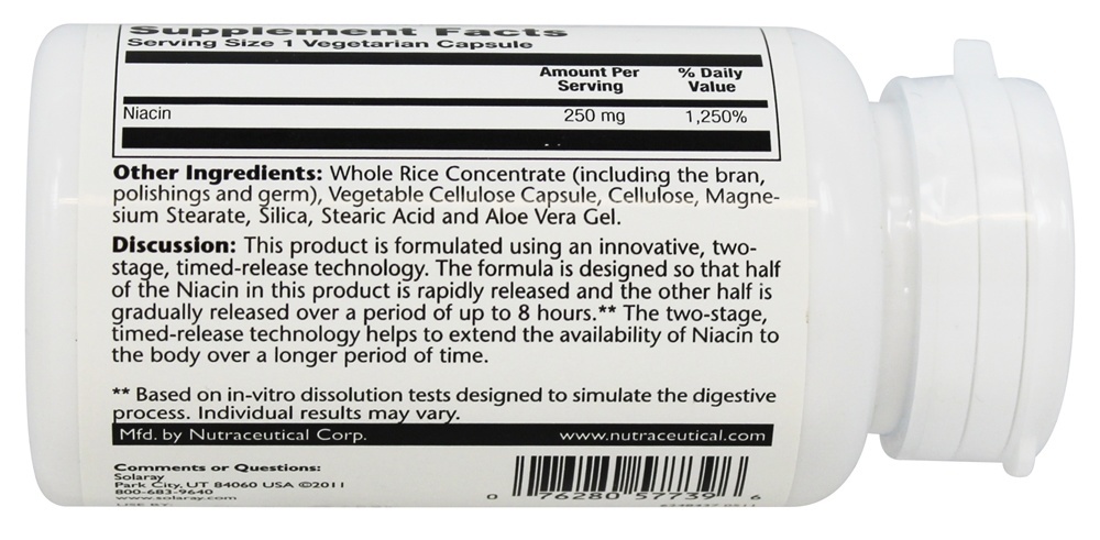 Niacina em Dois Estágios, Liberação Temporizada 250 mg. - Cápsulas vegetarianas 100 Solaray - Imagem 3