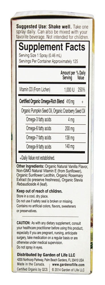 mykind Organics Vitamina D3 Vegana em Spray Sabor Baunilha 1000 UI - 2 fl. oz. Garden of Life - Imagem 2