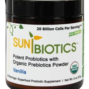 Probiótico Potente com Prebiótico Orgânico em Pó Sabor Baunilha 20 Bilhões de UFC - 2 oz. Sunbiotics