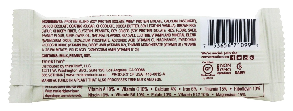 thinkthin Inclinar Proteína & Fibra Bar Chunky Chocolate Amendoim - 1.41 oz. Think Products - Imagem 2