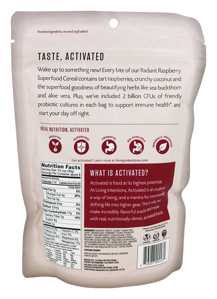 Ativado Superfoo Cereal Radiante Framboesa - 9 oz. Living Intentions - Imagem 2