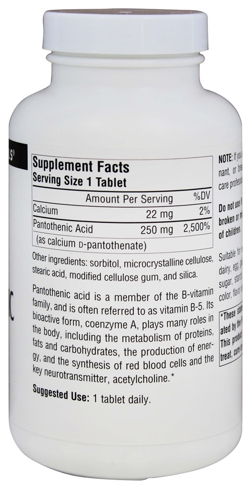 Ácido Pantotênico Vitamina B5 250 mg. - 250 Tablets Source Naturals - Imagem 2