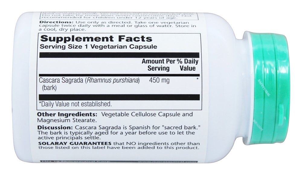 Cascara Sagrada 450 mg. - Cápsulas vegetarianas 180 Solaray - Imagem 3
