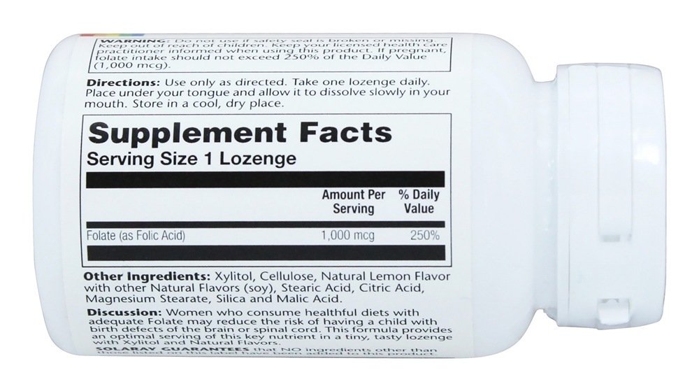 Ácido Fólico Sabor a Limão Natural 1000 mcg. - 100 Pastilhas Solaray - Imagem 2