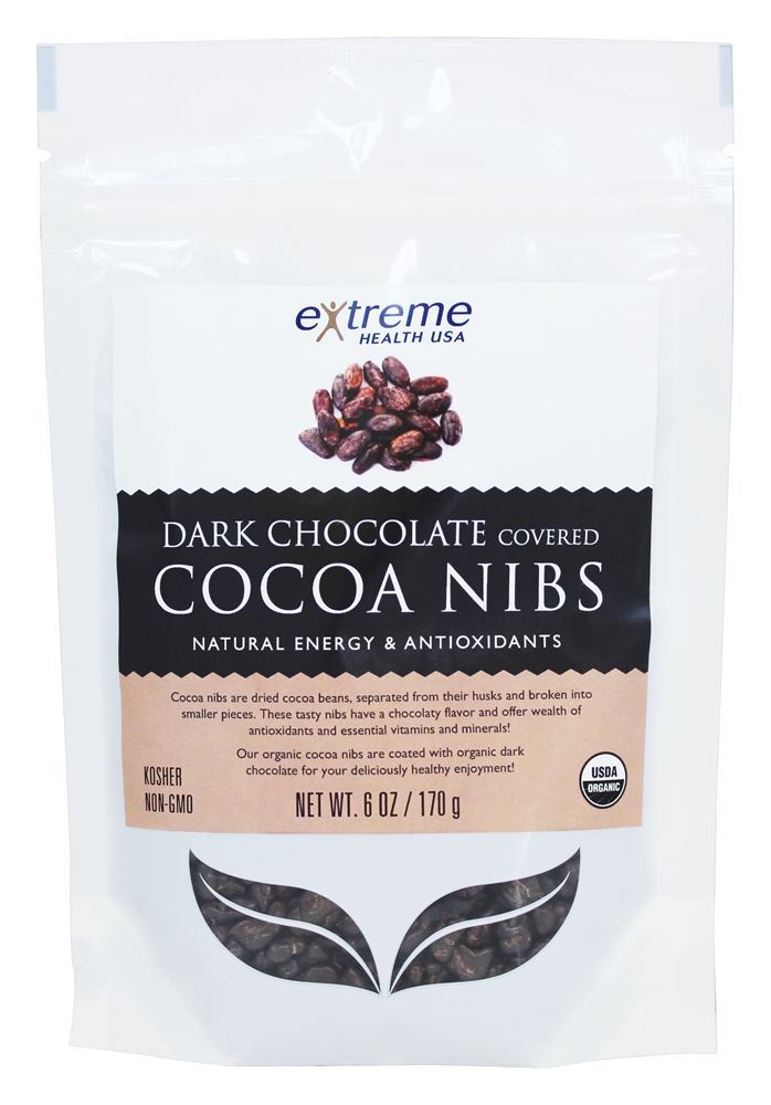 Nibs de cacau cobertos com chocolate escuro - 6 oz. Extreme Health USA