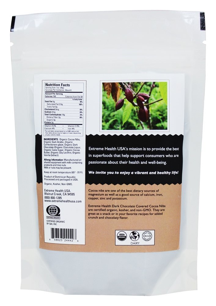 Nibs de cacau cobertos com chocolate escuro - 6 oz. Extreme Health USA - Imagem 2