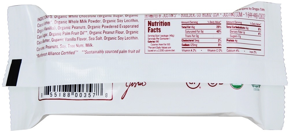 Manteiga De Amendoim Copos De Chocolate Branco - 1.4 oz. Justin's Nut Butter - Imagem 2