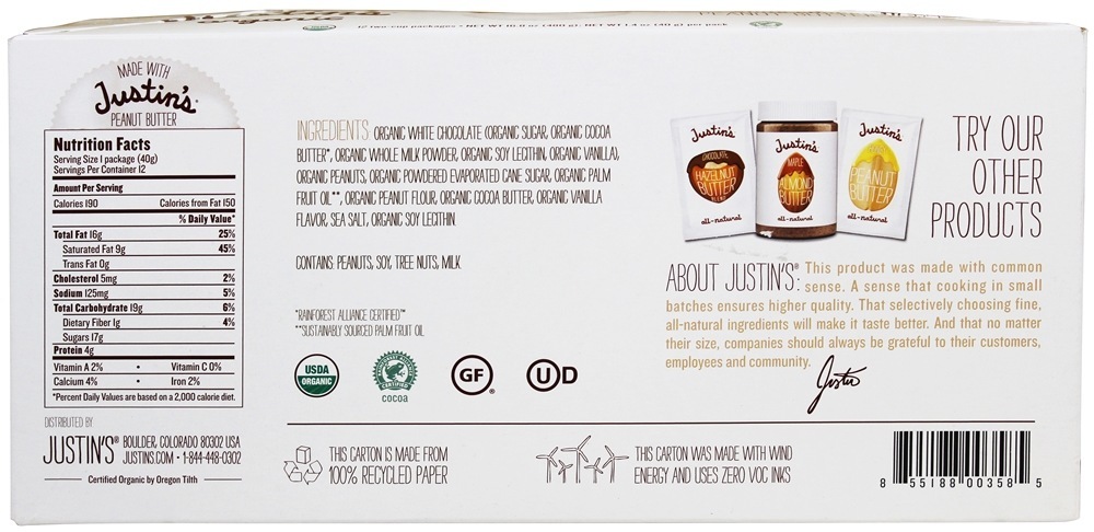 Manteiga De Amendoim Copos De Chocolate Branco - 1.4 oz. Justin's Nut Butter - Imagem 5