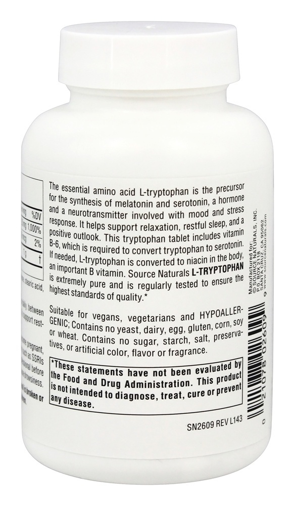L-Triptofano Com Vitamina B6 1000 mg. - 60 Tablets Source Naturals - Imagem 3