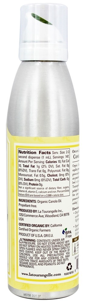 Óleo de Spray de Canola Orgânico - 5 fl. oz. La Tourangelle - Imagem 2