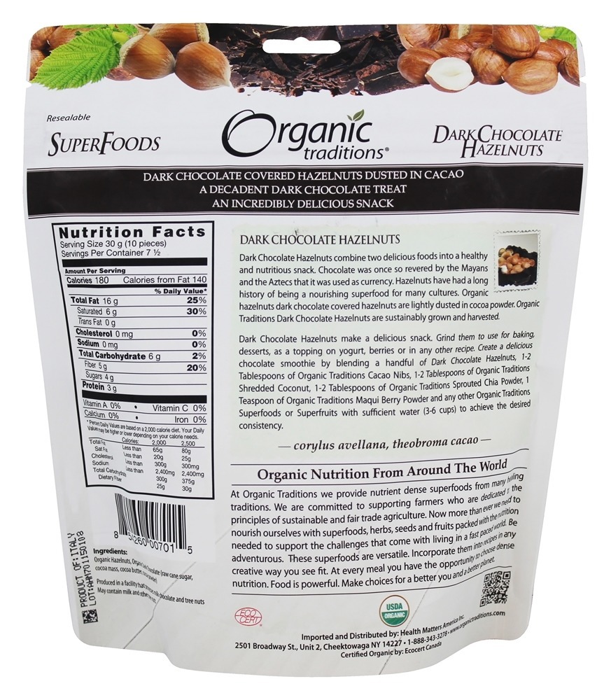 Avelãs Chocolate Amargo - 8 oz. Organic Traditions - Imagem 2
