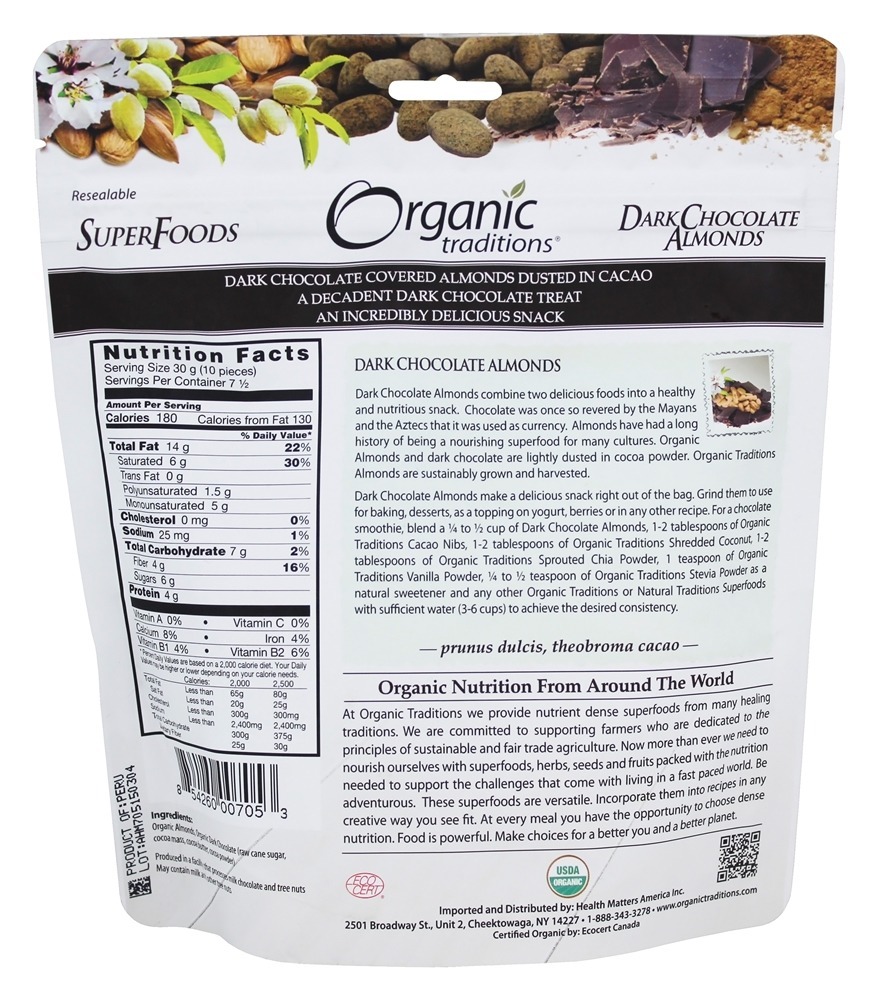 Amêndoas de Chocolate Negro - 8 oz. Organic Traditions - Imagem 2