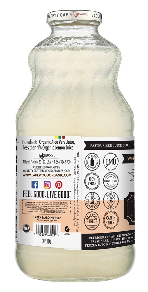 Orgânicas Pure suco de aloe Folha Inner com limão Orgânica - 32 fl. oz. Lakewood - Imagem 3