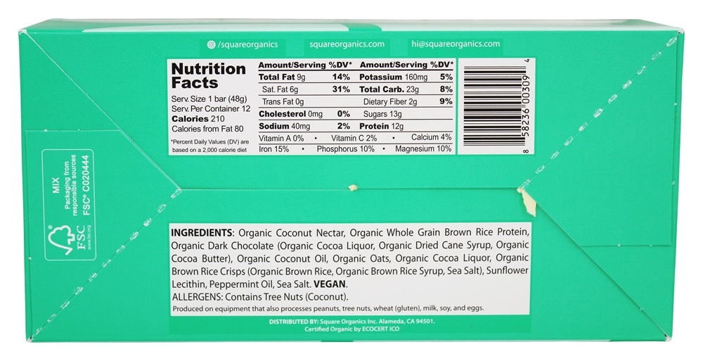 Barra De Proteína Orgânica De Chocolate Menta Revestida - 12 Barras Square Organics - Imagem 2