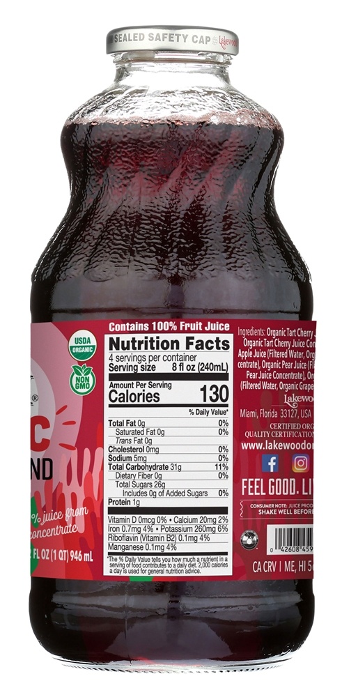 Mistura de suco de frutas orgânicas Tart Cherry - 32 fl. oz. Lakewood - Imagem 2