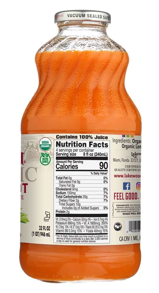 Organic Pure Cenoura de suco com suco de limão orgânico - 32 fl. oz. Lakewood - Imagem 3