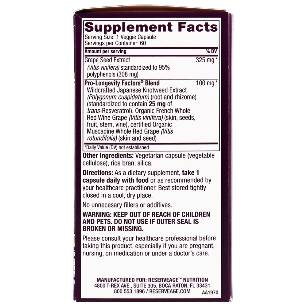 Extrato de Semente de Uva com Resveratrol 325 mg. - Cápsulas vegetarianas 60 Reserveage Nutrition - Imagem 3