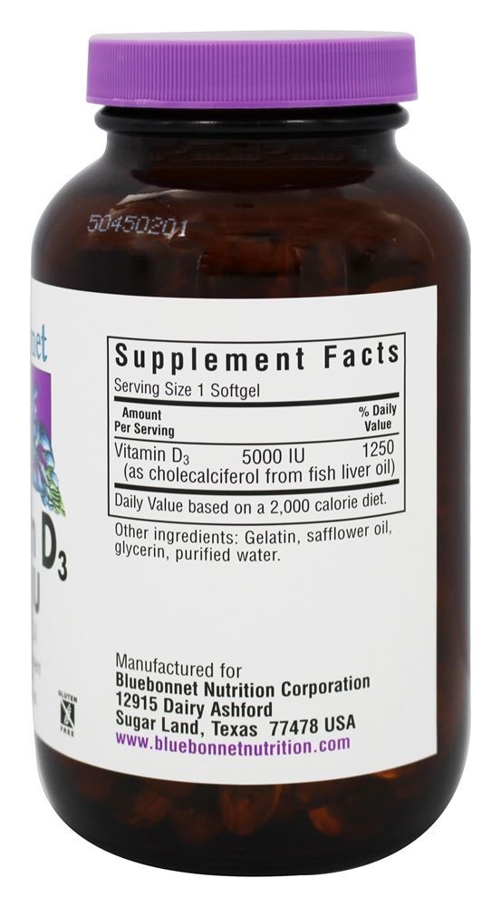 Vitamina D3 5000 UI - 250 Softgels Bluebonnet Nutrition - Imagem 2