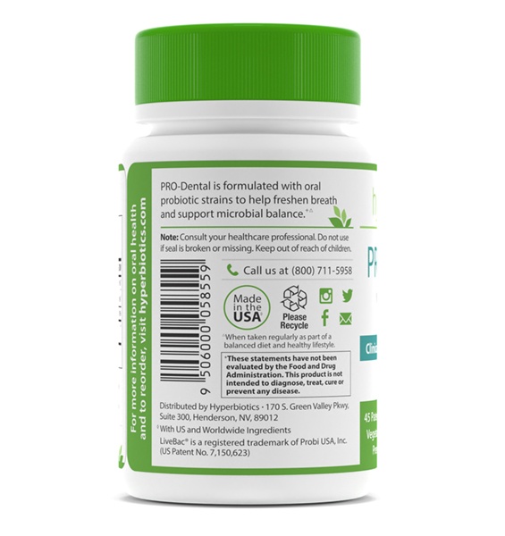 Pro-Dental Probiótico Natural Sabor Hortelã 3 Bilhões de UFC - 45 comprimidos mastigáveis Hyperbiotics - Imagem 3