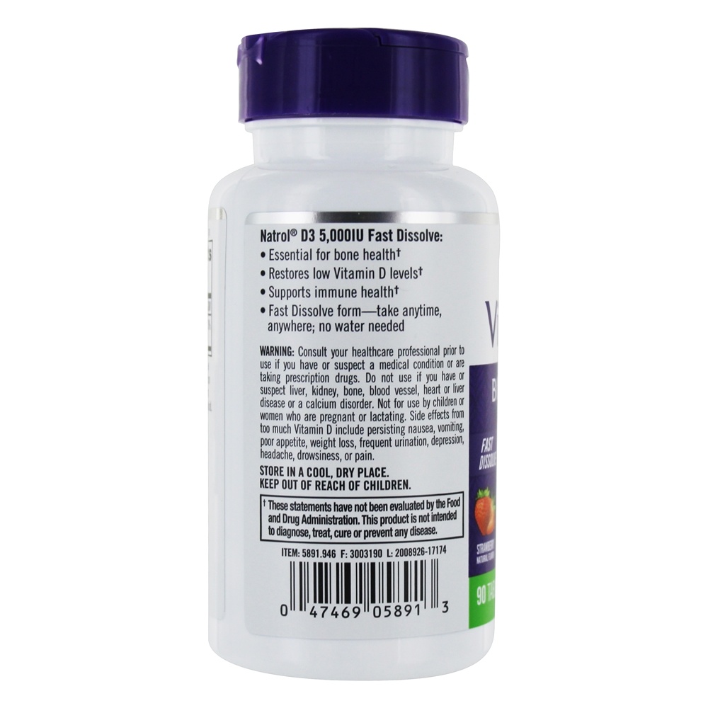 Vitamina D3 Para a Saúde dos Ossos e Articulações Sabor Morango 5000 UI - 90 Tablets Natrol - Imagem 3