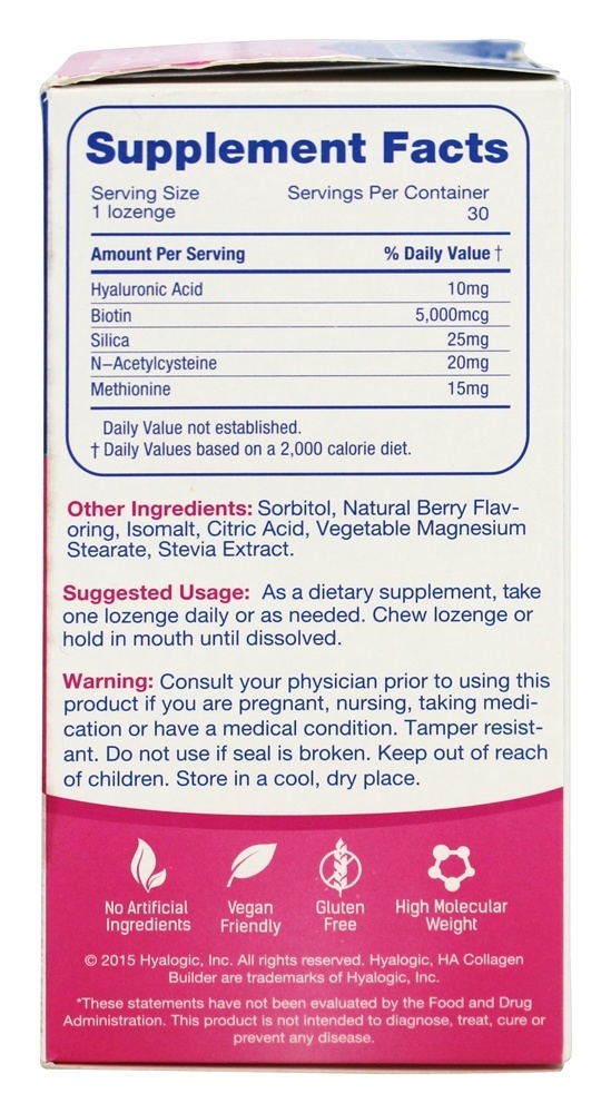 Ácido Hialurônico para a Pele e Unhas Sabor Berry Misturado 10 mg. - 30 Pastilhas Hyalogic - Imagem 2