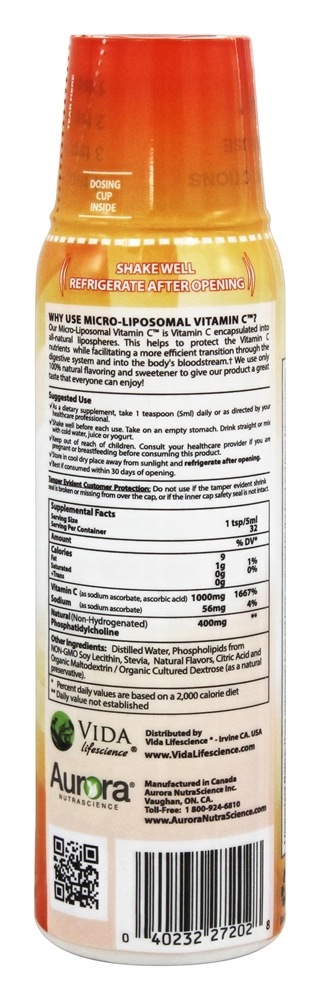 Aurora Vitamina C de Nutrascience Micro-Liposomal - 5.4 fl. oz. Vida Lifescience - Imagem 2