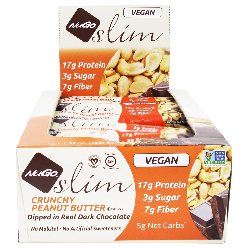 Vegan Esbelto Real Escuro Chocolate Barras Caixa Crocante Amendoim Manteiga - 12 Barras NuGo Nutrition