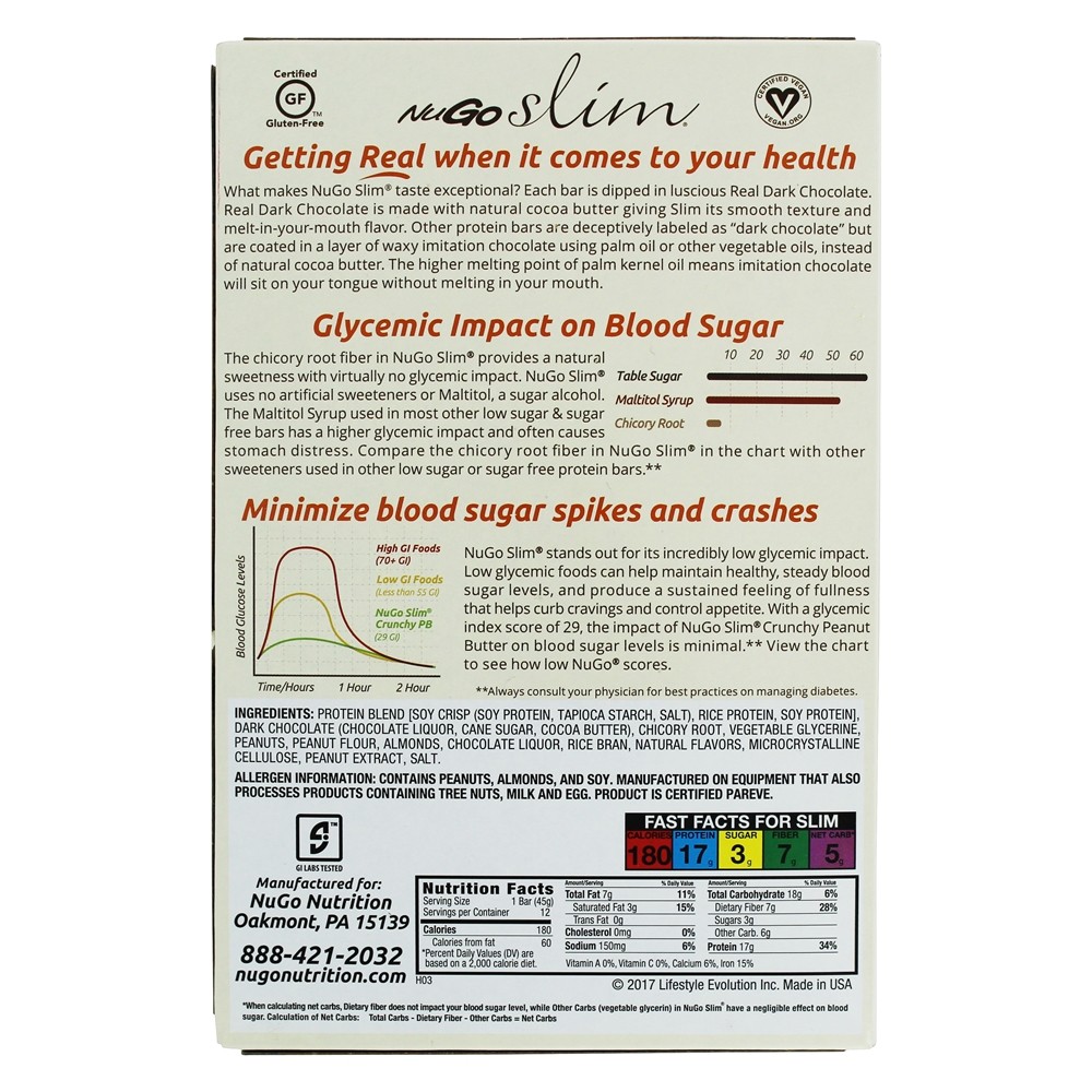 Vegan Esbelto Real Escuro Chocolate Barras Caixa Crocante Amendoim Manteiga - 12 Barras NuGo Nutrition - Imagem 3