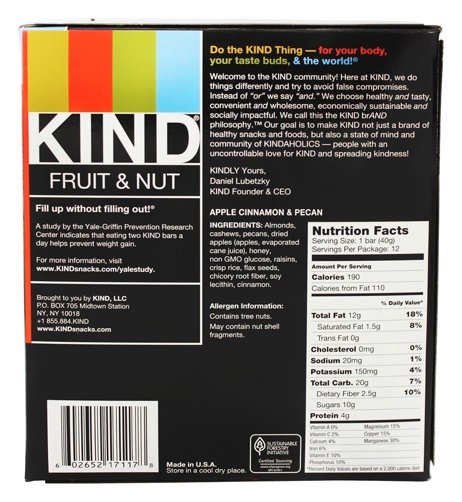 Frutas e castanhas Caixa Maçã Canela e Noz Pecan - 12 Barras Kind Bar - Imagem 2