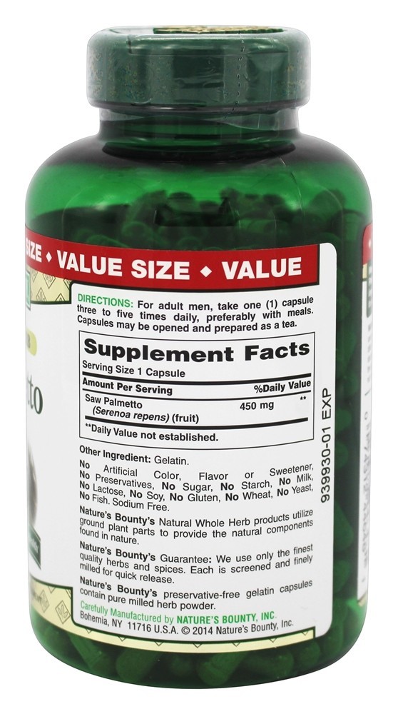 Palmetto Natural Saw Herb Whole 450 mg. - Cápsulas 250 Nature's Bounty - Imagem 2