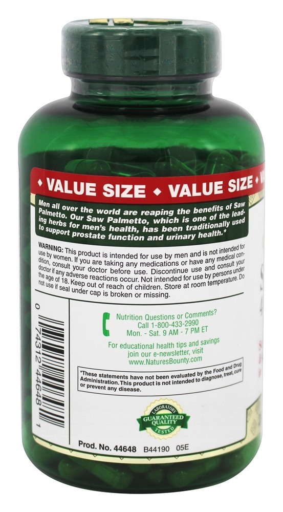 Palmetto Natural Saw Herb Whole 450 mg. - Cápsulas 250 Nature's Bounty - Imagem 3